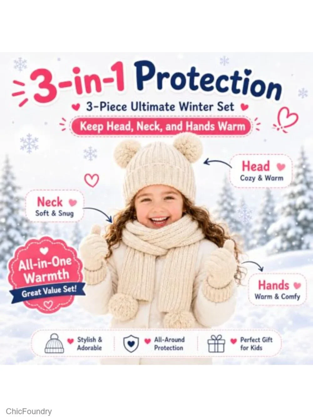 Kids Double Pom Beanie Hat Gloves Scarf Set Fleece Lined Winter 3-Piece